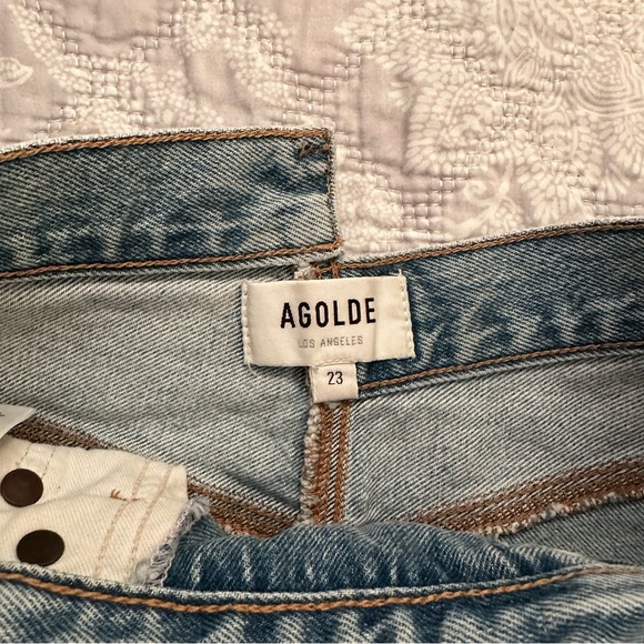 Agolde Criss 100% Cotton Frayed Cross Waist Asymmetrical Denim Jean Shorts - Picture 6 of 11